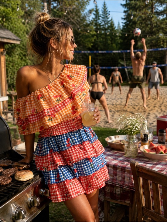 FARM Rio Dresses & Skirts - FARM Rio One-Shoulder Ruffle Gingham Dress with Cherry Print - Orange/Blue/Red